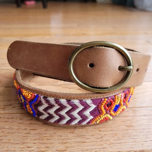 Lucky Brand Multi Embroidered Aztec Boho 100% Leather Belt Brown - Picture 1 of 16